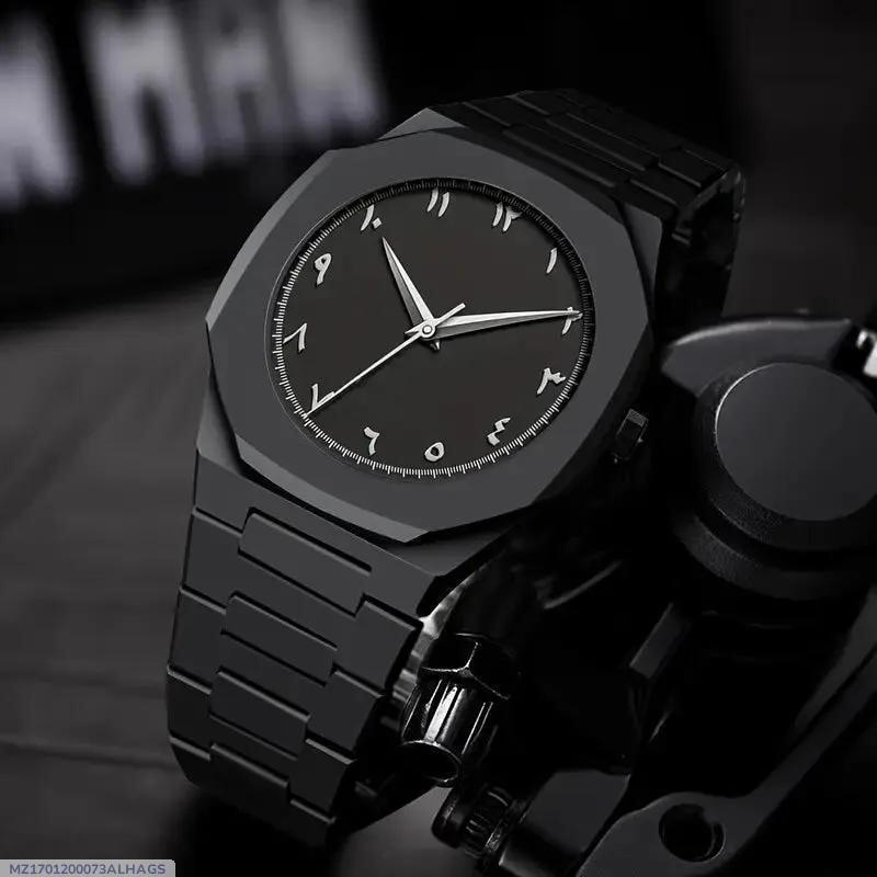 Black Men's Quartz Watch with Stainless Steel Strap