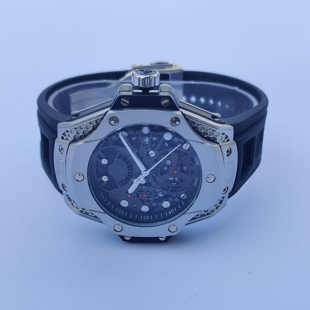 Men's Stainless Steel Skeleton Watch Black Silver 38mm