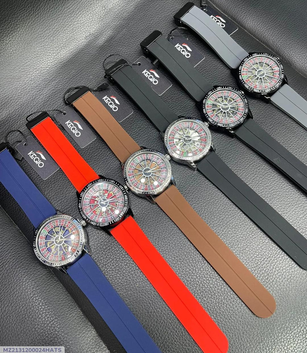 Men's Roulette Dial Quartz Watch with Silicone Strap - Blue, Black, Brown