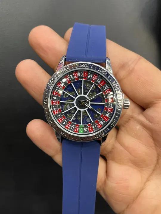 Men's Roulette Dial Quartz Watch with Silicone Strap - Blue, Black, Brown