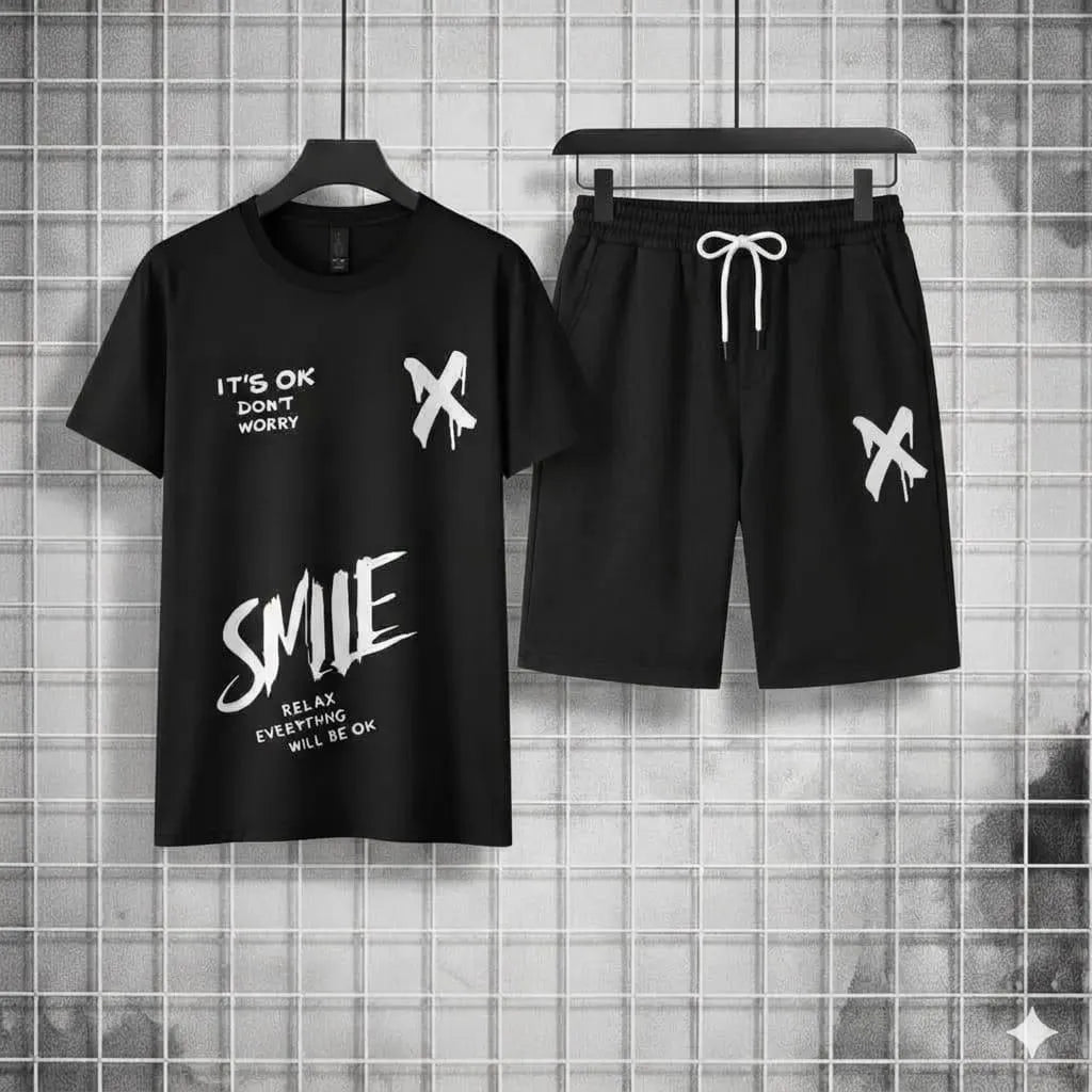 2 Pcs Men's Polyester Printed T-Shirt & Shorts Tracksuit