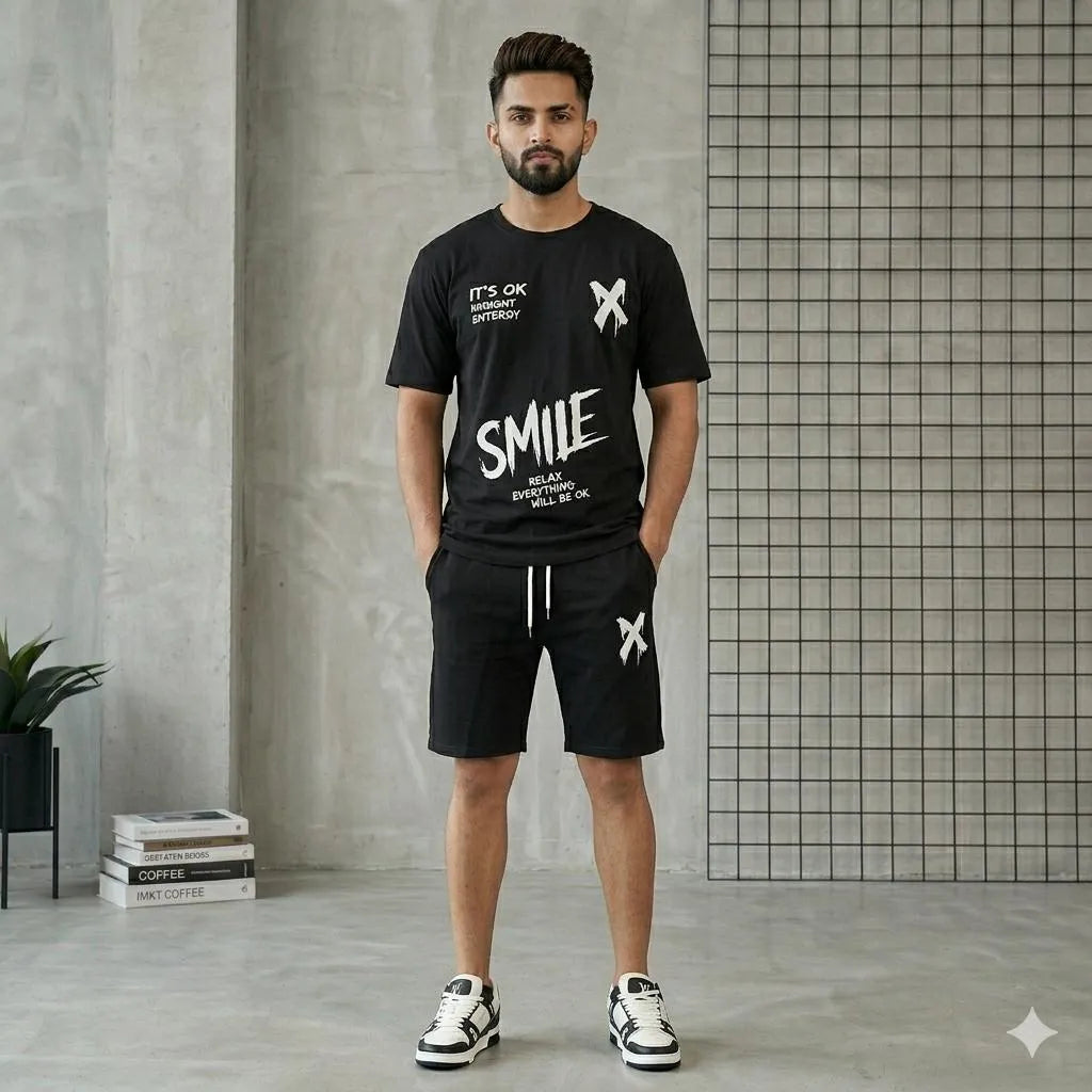 2 Pcs Men's Polyester Printed T-Shirt & Shorts Tracksuit
