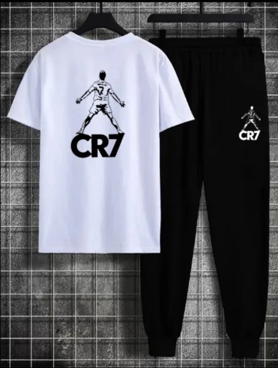 Cristiano Ronaldo Cotton Jersey Half Sleeves O Neck Short Sleeves Summer Round Neck Casual T Shirt & Trouser Sweat Pants Premium Track Suit For Men & Boys - Black White Yellow Colors T-Shirts Tracksuit