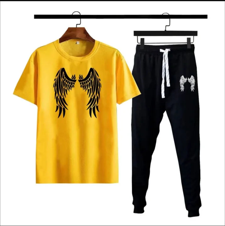 Black Lucifer Angel Wings Cotton Jersey Half Sleeves O Neck Short Sleeves Summer Round Neck Casual T Shirt & Trouser Sweat Pants Premium Track Suit For Men & Boys - Black White Yellow Colors T-Shirts Tracksuit