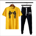 Black Lucifer Angel Wings Cotton Jersey Half Sleeves O Neck Short Sleeves Summer Round Neck Casual T Shirt & Trouser Sweat Pants Premium Track Suit For Men & Boys - Black White Yellow Colors T-Shirts Tracksuit