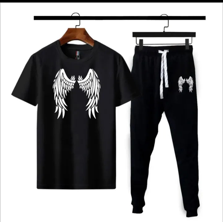 Black Lucifer Angel Wings Cotton Jersey Half Sleeves O Neck Short Sleeves Summer Round Neck Casual T Shirt & Trouser Sweat Pants Premium Track Suit For Men & Boys - Black White Yellow Colors T-Shirts Tracksuit