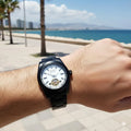 Men's Black PVD Automatic Watch with Open Heart Dial