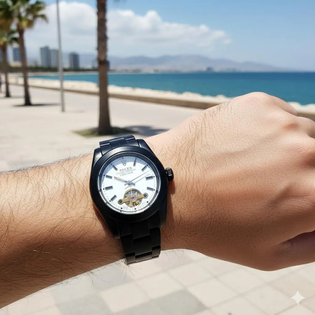 Men's Black PVD Automatic Watch with Open Heart Dial