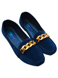 Women's Blue Velvet Loafers with Gold Chain Strap