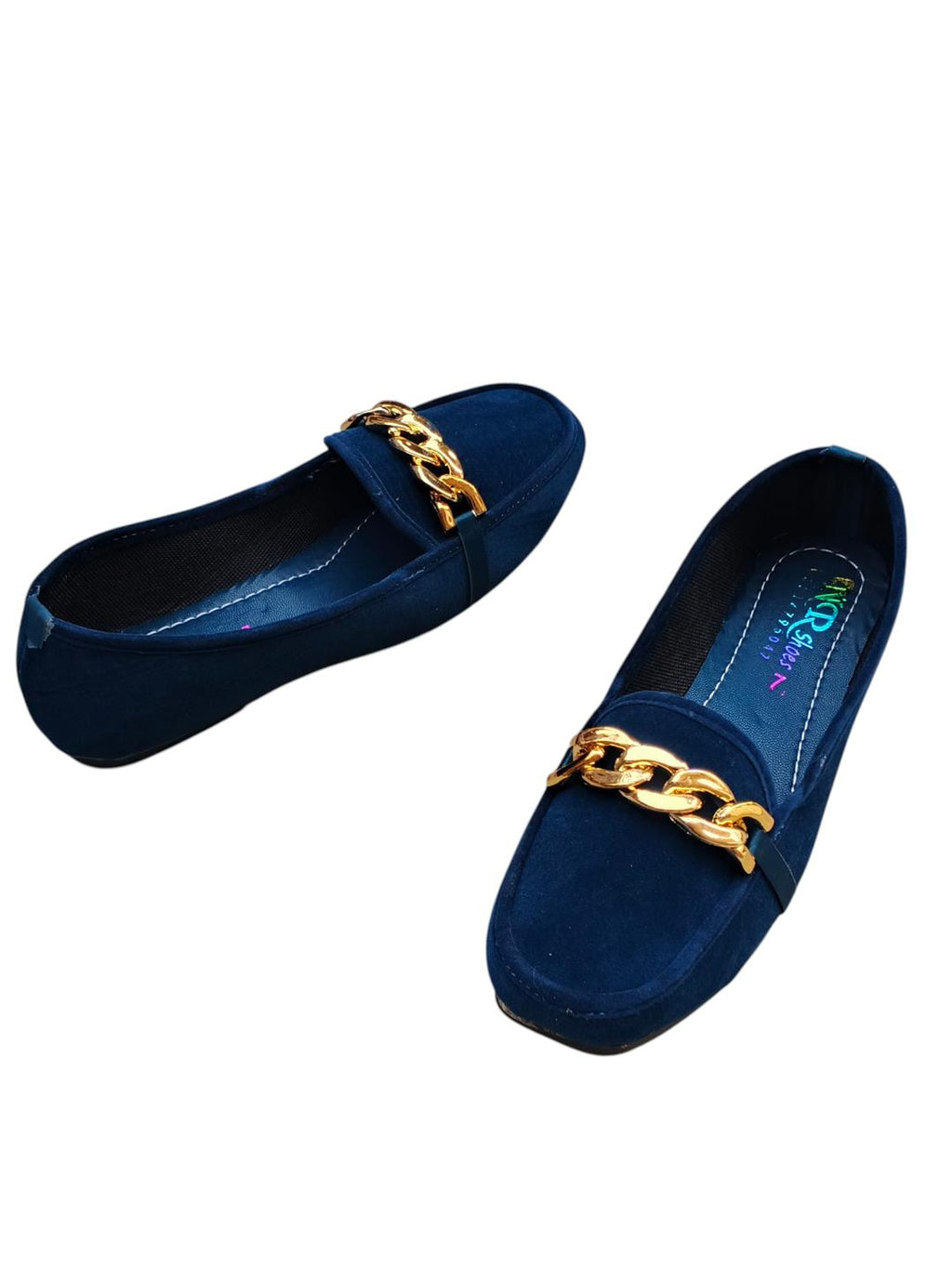 Women's Blue Velvet Loafers with Gold Chain Strap