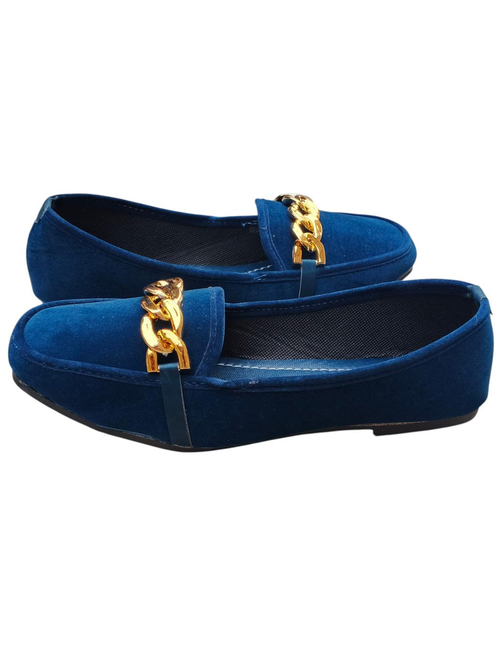 Women's Blue Velvet Loafers with Gold Chain Strap