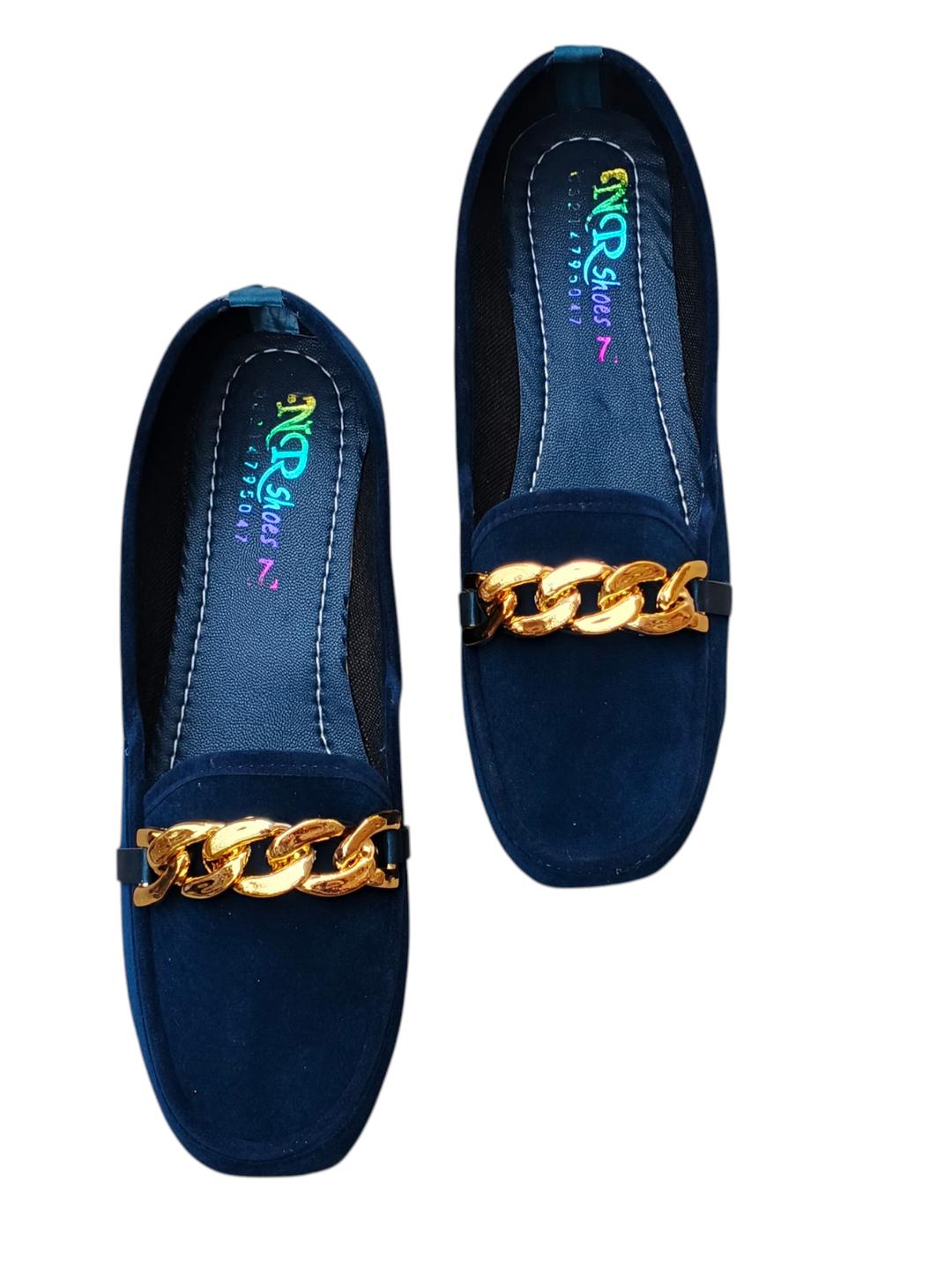 Women's Blue Velvet Loafers with Gold Chain Strap