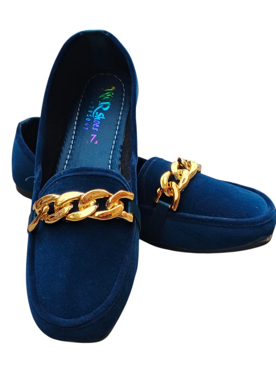 Women's Blue Velvet Loafers with Gold Chain Strap