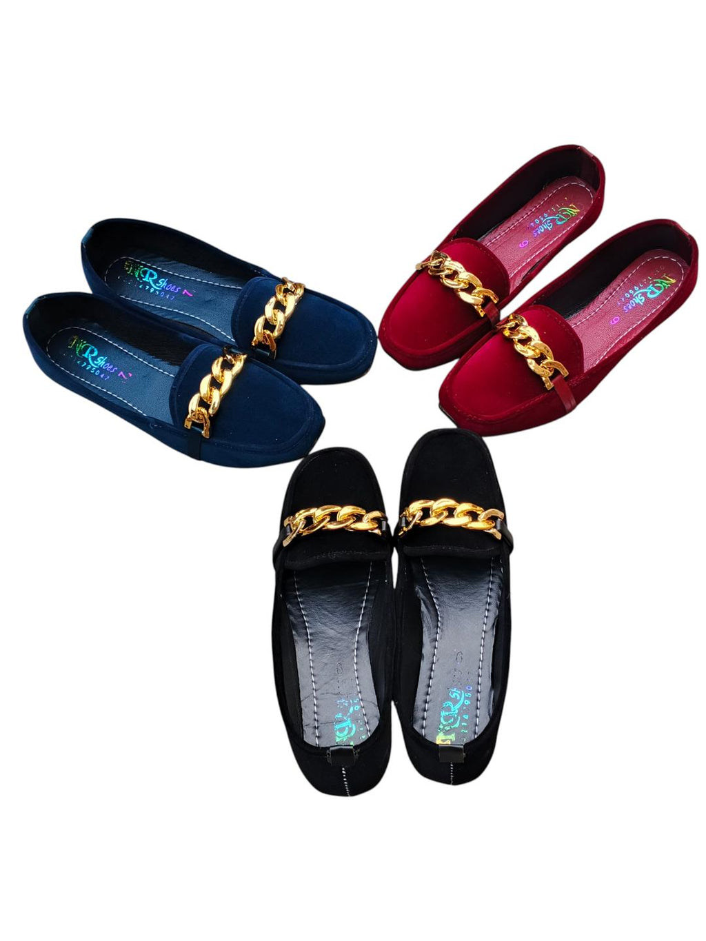 Women's Blue Velvet Loafers with Gold Chain Strap
