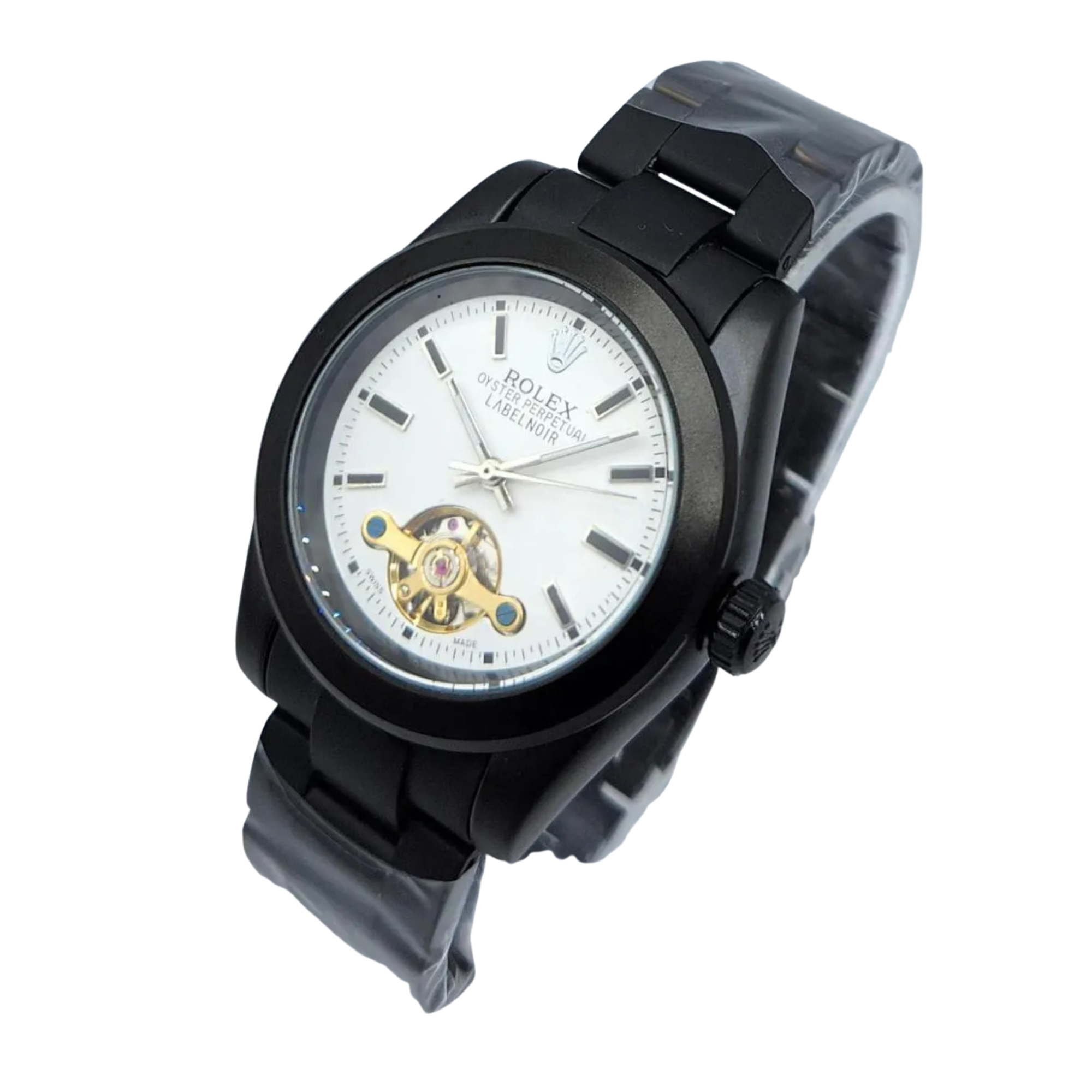 Men's Black PVD Automatic Watch with Open Heart Dial