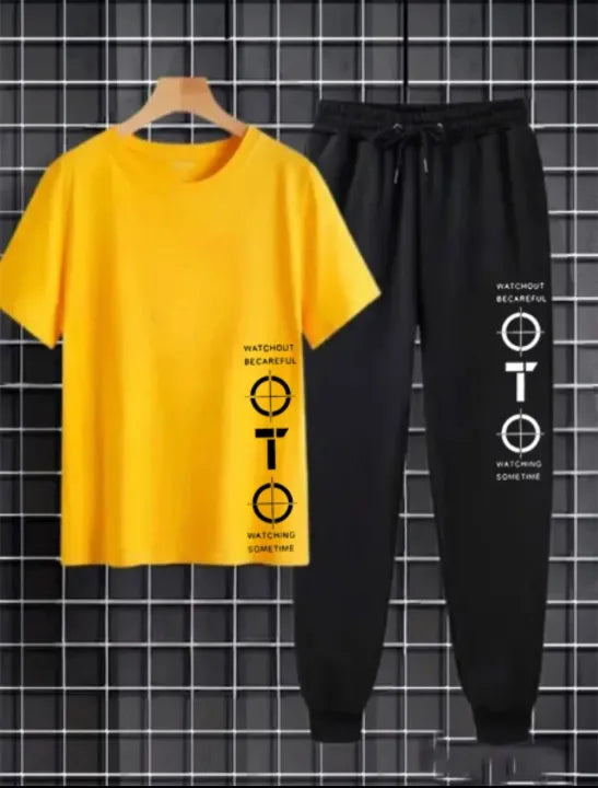 Watch Out Aim Cotton Jersey Half Sleeves O Neck Short Sleeves Summer Round Neck Casual T Shirt & Trouser Sweat Pants Premium Track Suit For Men & Boys - Black White Yellow Colors T-Shirts Tracksuit