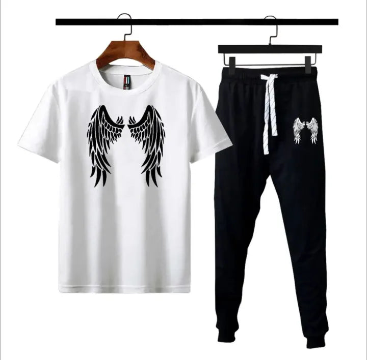 Black Lucifer Angel Wings Cotton Jersey Half Sleeves O Neck Short Sleeves Summer Round Neck Casual T Shirt & Trouser Sweat Pants Premium Track Suit For Men & Boys - Black White Yellow Colors T-Shirts Tracksuit