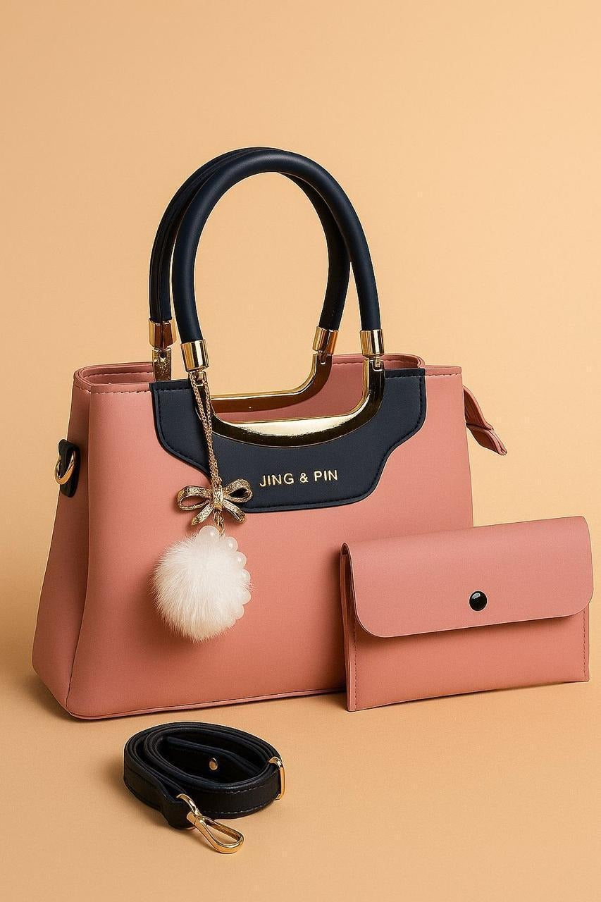 Chic 2-Piece Rexine Handbag Set Pink with Top Handle
